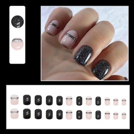 24 Pcs Black Press on Nails Short Square - MINGCHUN Summer Pure Color Fake Nails Press ons French Nail Art Tips with Stripe Glitter Design Full Cover Acrylic False Nails Glue on Nails Stick on Nails