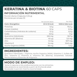 PRONAT  Keratina  Biotina 60 Cápsulas  Suplemento Alimenticio Fórmula con Queratina, MSM, Zinc y Complejo de Vitaminas A, E y B7