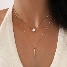 Inateannal Layered Teardrop Crystal Necklace Gold Bar Pendant Necklace Layered Crystal Choker Necklace Cz Water Drop Necklace Vintage Bar Chain Necklace Jewelry for Women and Girls