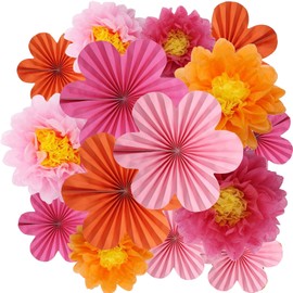 CUVZORA 15 Stück Papier Blumenfächer und Papierblumen Pompons, Papierblumen party deko, Hängender Kranz, Rosa Orange Papier Blume Dekoration, für Partys, Hochzeiten, Geburtstage, Gartenfeste