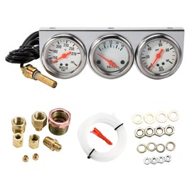 Abizarch Triple Gauge Kit, 3 in 1 Car Oil Volt Water Gauge, Chrome Housing, White Face, Red Needles, 51mm Size, 100-280F Water Temp, 8-16V Volts, 0-100psi Oil Pressure
