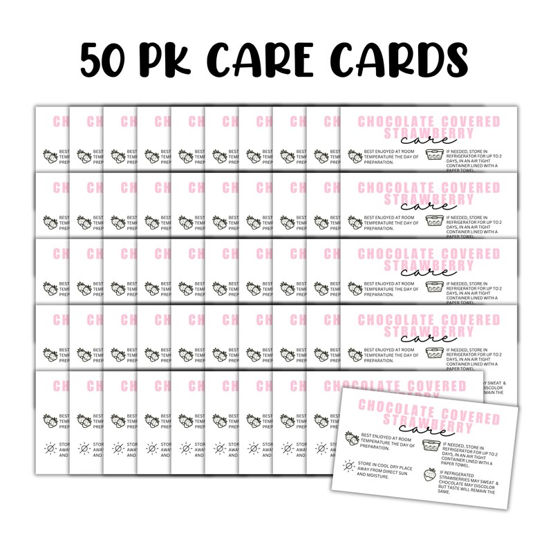Chocolate Covered Dipped Strawberry Care Instruction Cards | 50pk 2x3.5”
