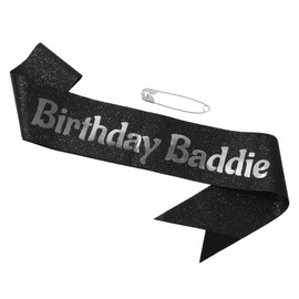Birthday Baddie Sash, Soft Glitter Sash with Safety Pin for Women Men Party Decoration Accessories (Black & Silver)