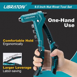 LIBRATON 9.5" Rivet Nut Tool, One-Handed Rivet Nut Gun, Hand Rivet Nut Tool Kit with 80PCS Threaded Rivet Nuts, 8PCS Interchangeable Mandrels, Metric M3-M6, SAE 6-32" to 1/4-20", with Carrying Case
