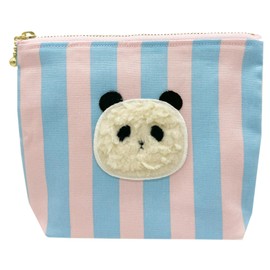 Miwaki Porch-w Women's Makeup Pouch, Small Item, Vertical, Simple, Patch Motif, Cat Panda, striped light blue/pink x panda