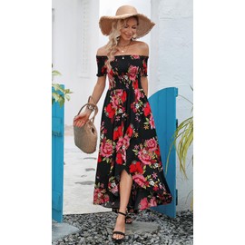 Kormei Women Short Sleeve Off Shoulder Floral High Low Flowy Summer Party Long Maxi Dress L Black&Red