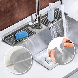 Koureik 17.7 inch Faucet Mat for Kitchen Sink, 6° Slope Sink Splash Guard with Fasten Button Lock, Foldable Silicone Faucet Guard & Draining Mat for Kitchen Bathroom Sink Area, Gray