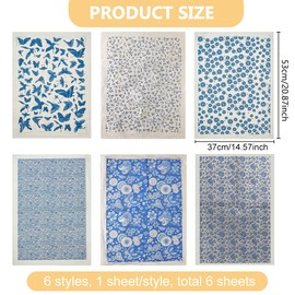 BENECREAT 6 Styles Blue and White Porcelain Pattern Ceramic Decals, Cloud Flower Pottery Ceramics Clay Transfer Paper, Underglaze Flower Paper for Pottery Enamel Decal, 15x21 Inch