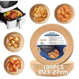 HONYAO Baking Paper for Hot Air Fryer, XXL, 23–27 cm, Pack of 100, Round Parchment Paper, Air Fryer Liners, Disposable Paper for Oven and Air Fryers