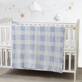 CREVENT 76x102cm Cozy Soft Warm Chenille Baby Blanket for Girls Boys, Newborn Essentials for Infant, Baby Shower - Blue Check