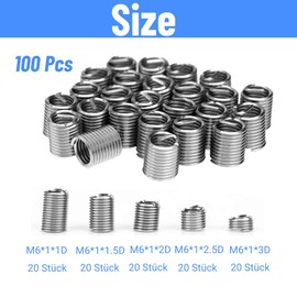 Helicoil Insert Set, Stainless Steel Thread Repair Insert Assortment M6 Heli-Coil Type Free Running Wire Thread Self-Tapping Thread Inserts for Car Repairs 100 Pieces