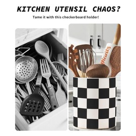 Swkien Utensil Holder，7.2 Inch Checkered Utensil Holder, Ceramic Cooking Utensil Spoon/Spatula Holder for Countertop, Kitchen Decor and Accessories for counte(Black)