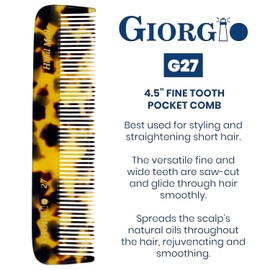 Giorgio G27 Handmade All Fine Tooth Pocket Comb, Hair Comb Straightener for Everyday Grooming Styling Hair, Mustache and Beard for Men Women and Kids, Use Dry or with Balms, Saw Cut and Polished