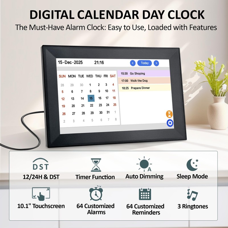 YUYIALARM 10.1" Touchscreen Clock for Seniors with 64 Reminders(Black)