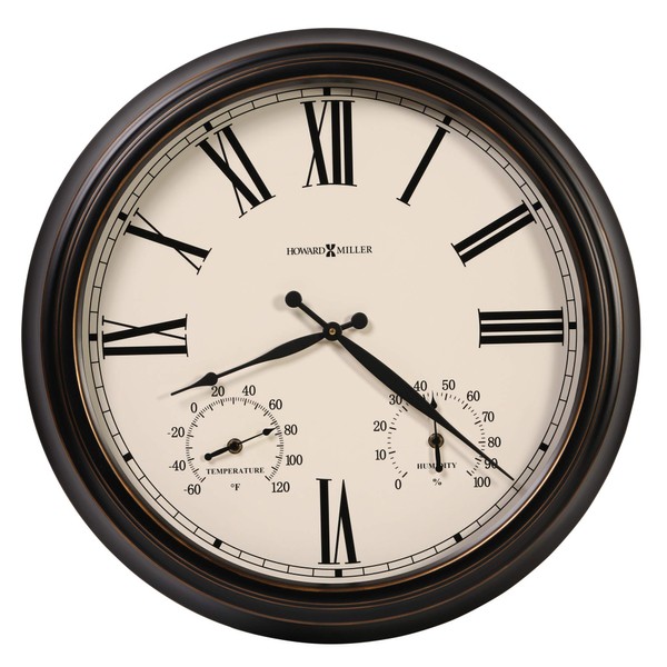 Howard Miller Aspen Outdoor Oversized Wall Clock 625-677 – Worn Black Finished Metal with Gold Rub Edges, Antique Home Décor, Thermometer & Hydrometer, Quartz Movement