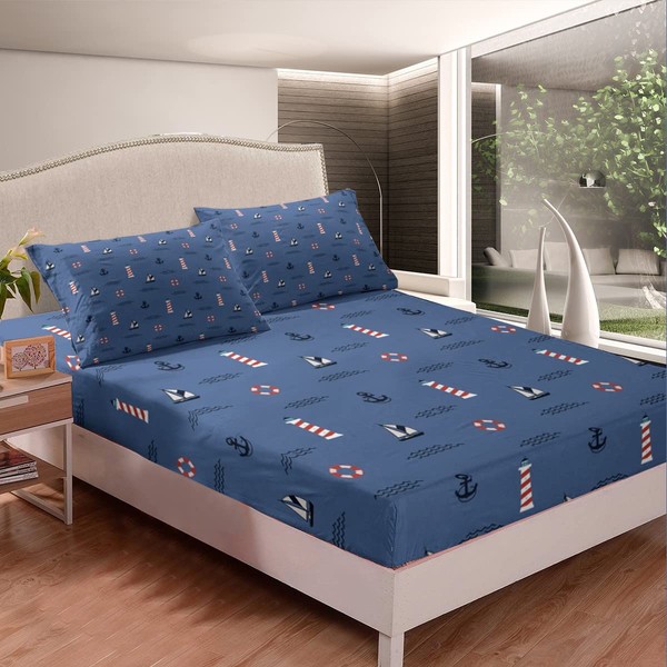 Nautical Bed Sheet Set Queen Size Ocean Anchor Decor Fitted