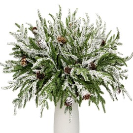 Norfolk Pine Branches with Pine Cone 17" Christmas Greenery Norfolk Pine Stems with Pinecones Fake Pine Sprigs for Xmas Tree Filler Picks DIY Garland Wreath and Home Garden Decorations (8, Snow)