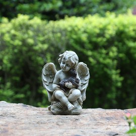 Angel Statue Angel Wings with A Little Dog in Arms Angel Figurine Outdoor Angel Decor Tabletop Decor Design Display