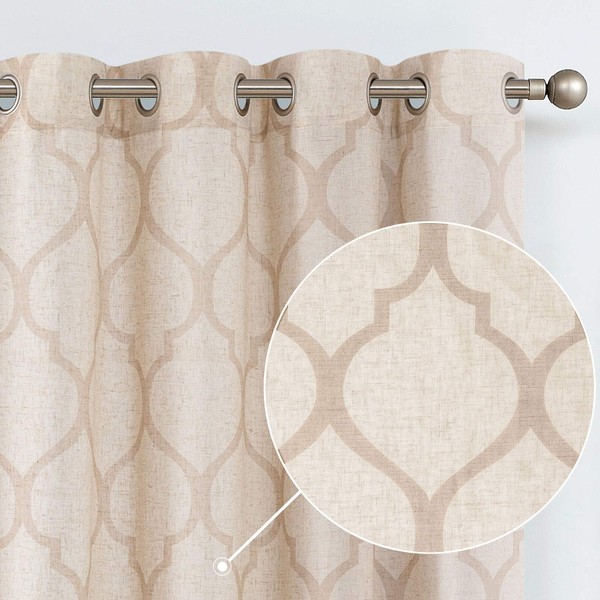jinchan Moroccan Tile Linen Textured Drapes Printed Curtain Panels Bedroom Living Room Lattice Window Treatment 2 Panel Drapes 72 Inches Long Beige