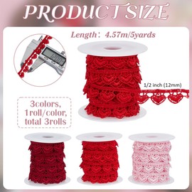 FINGERINSPIRE Lace Trim in Heart Shape, 13.7 m, 12 mm Wide, 3 Colours, Heart Edge Trim, Peach Heart Lace Ribbon with 3 Empty Plastic Spools for DIY, Sewing, Crafts, Embellishments, Accessories