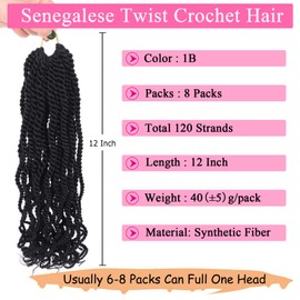 Leeven 12 Inch Senegalese Twist Crochet Hair 8 Packs Black Pre Looped Crochet Braids Synthetic Braiding Hair for Women