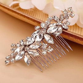 Chargances Bridal Silver Rhinestone Flower Hair Comb Wedding Crystal Hair Side Comb Dainty Handmade Hair Accessories for Women Girls Bridesmaid Prom (Silver)