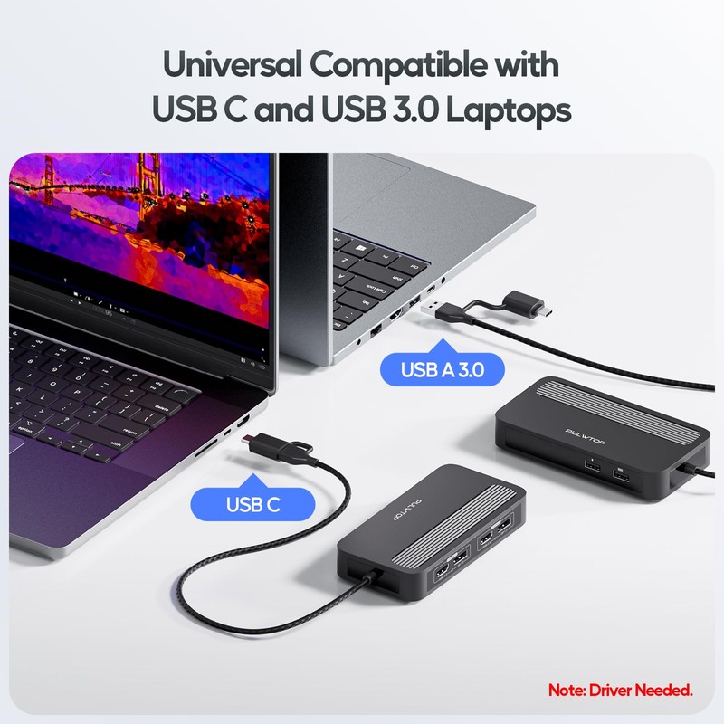 PULWTOP Displaylink Adapter, 4K@60Hz DisplayPort and HDMI Dual Monitor Adapter