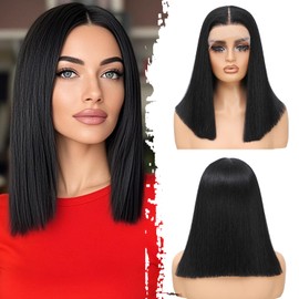 Black Bob Wigs for Black Women Straight Synthetic Lace Front Wig 13x4x1 T Part HD Lace Front Wigs Short Wigs Blunt Cut Synthetic Wigs for Party and Daily Use (Black)
