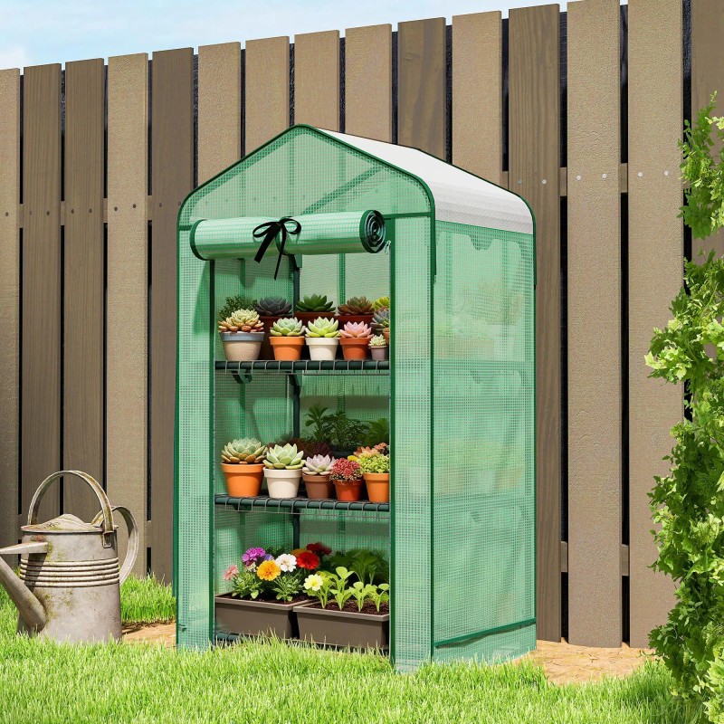 Portable Mini Greenhouse with Screen Roof and Roll-Up Zipper Door