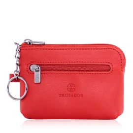 Trusador Milano Unisex Leather Front Pocket Wallet Coin Purse Zipper Pouch with Keychain (Red)