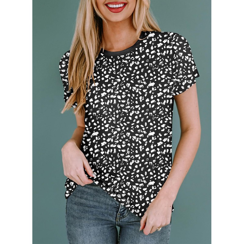 EVALESS Womens Elegant Polka Dot Tops Crewneck Short Sleeve T