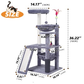 Ikviier Multi-Level Cat Tree for Indoor Cats, Cat Tree Tower with Big Cat Hammock and Self-Grooming Brush, Cat Tower with Scratch Ladder, Indoor Climbing Activity Tower with Scratching Posts, Grey