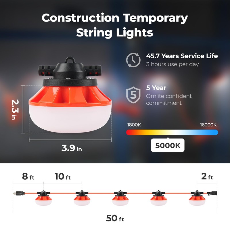 Omlite LED Construction String Lights:50w ETL Certified Industrial LED String