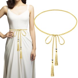 Tassel Braided Waist Belt for Women, Skinny Tassel Belts Women’s Dress Waist Belts Woven Tassel Chain Belt for Skirt Dress (Gold)