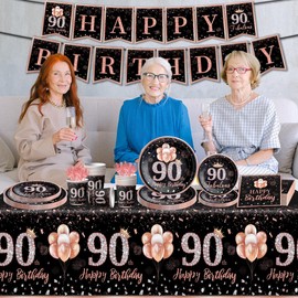 142Pcs 90th Birthday Tableware Decorations for Women Rose Gold Happy 90 Birthday Themed Tableware Set Disposable Tablecloth,Plates,Napkins,Cups,Forks and Knives of 90 Years Old Birthday Party