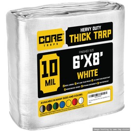 Core Tarps Heavy Duty 10 Mil Tarp Cover, Waterproof, UV Resistant, Rip and Tear Proof, Poly Tarpaulin with Reinforced Edges for Roof, Camping, Patio, Pool, Boat (White 6′ X 8′)