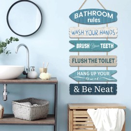 decalmile 6 Pieces Bathroom Rules Wooden Wall Art Rustic Funny Farmhouse Wood Wall Hangings Vintage Wooden Plaque Bathroom Restroom Toilet Wall Decor