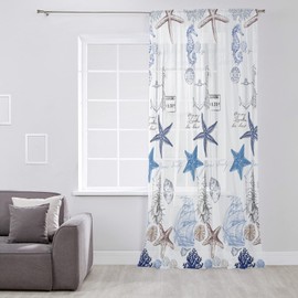 Ocean Starfish Window Curtains 84 Inches Long,Nautical Beach Semi Sheer Rod Pocket Chiffon Curtains Drapes Drapery Voile Draperies Treatment for Living Room,Retro Blue Seahorse Anchor Shell Coral