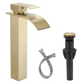 RUITHOE Brushed Gold Bathroom Vessel Sink Faucet, Waterfall Bathroom Faucet, Vessel Faucet, Tall Body High 1 Hole Single Handle with Pop Up Drain Combo Vanity Mixer Tap Commercial Basin Bowl Sink