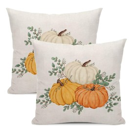 Fall Pumpkin Throw Pillow Covers 16x16 Inch Set of 2, Orange Pumpkins Decoration Throw Pillow Covers Eucalyptus Leaves Thanksgiving Outdoor Cushion Cover for Sofa Couch Farmhouse Room Bed Decor