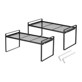 PATIKIL Kitchen Cabinet Organizer Shelves, 2 Pack Stackable Cabinet Shelves Organizer Counter Organizer Rack for Pantry Bedroom Office L16.5in W8.3in H7in, Black