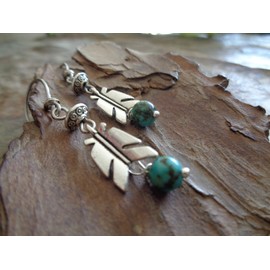Stylish feather with turquoise and decorated rondell unique earrings in turquoise on homemade hooks