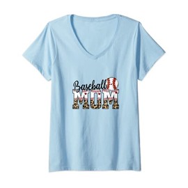 Womens Baseball Mom Leopard Print Vintage T-ball Mother's Day V-Neck T-Shirt