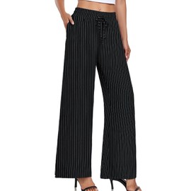 YVH Women's Casual Pants Loose Fit Palazzo Pant Elastic Waisted Drawstring Tie Knot Trousers with Pockets, Striped Print Pants, Black White Strips, M