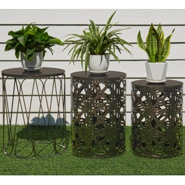 HFHOME Set of 3 Metal Outdoor Side Table, Nesting Round Coffee Table for Indoor Outdoor, Heavy Duty End Tables Plant Stand Living Room Garden Stool - Bronze