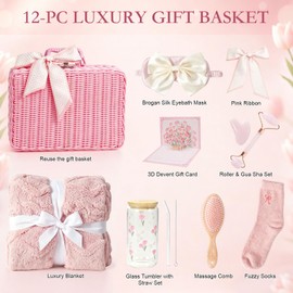 14-Piece Pink Birthday Gift for Women, Relaxing Spa Care Package with Blanket, Glass Tumbler, Self-Care Gift Basket for Women, Wife, Sister, Best Friend