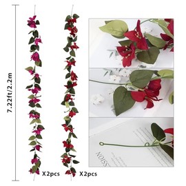 IPOPU - Paquete de 4 guirnaldas de flores artificiales de buganvilia rosas y rojas de 2.2 m, hechas de seda sintética, buganvilias falsas para decoración de boda, mesa, jardín, pared (rosa intenso)