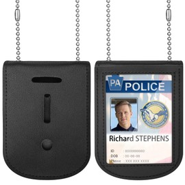 Soporte para insignia de policía Uniclife, soporte para insignia de cuero para aplicación de la ley con ventana transparente para identificación y cadena de cuentas de acero inoxidable, soporte