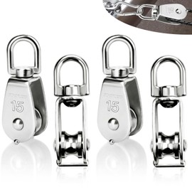 SWTYExt 15 mm Pulley, Pack of 4, Pulley for Ropes, Load Capacity 35 kg, Small Single Set, Pulley, Stainless Steel, 304 Rope Pulley, Fitness with Ball Bearing, for Ropes up to 6 mm Diameter