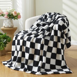 NEWCOSPLAY Knitted Black White Checkered Blanket Super Soft Plush Throw for Couch Fuzzy Fluffy Microfiber Lightweight Blanket for Bed Sofa All Season Use (Black White, Twin(60"x80"))